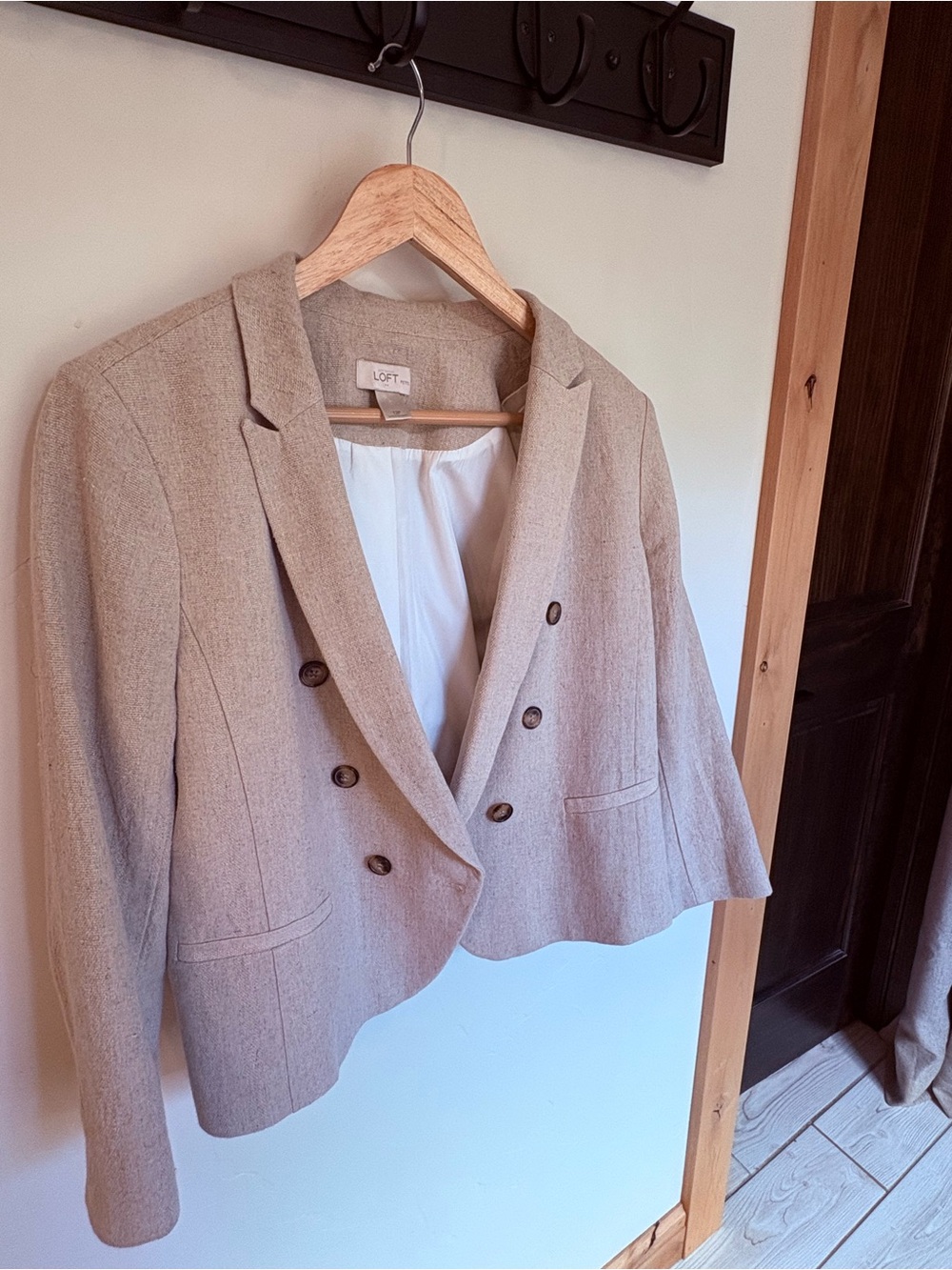 LOFT Petites Linen Cotton Double Breasted Blazer Oatmeal 12P